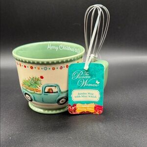 The Pioneer Woman Cream and Mint Green Holiday Truck Jumbo Mug with Mini Whisk